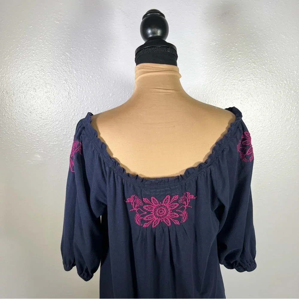 Johnny was navy floral embroidered off shoulder pockets dress M boho artisanal - Picture 5 of 8